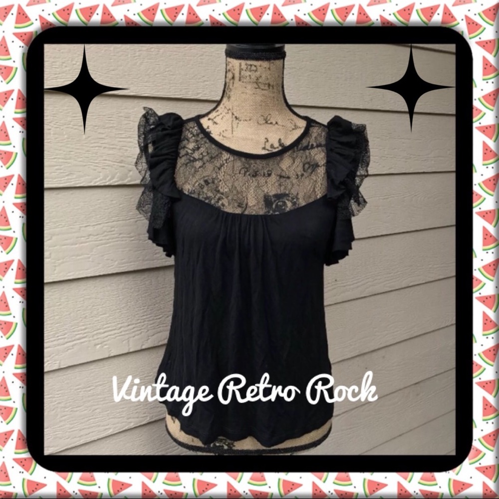 Jaloux Lace Ruffle Blouse Top Short Sleeve Black XS